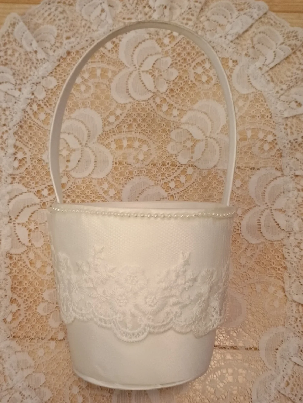 White Lace Wedding Ring Bearer Pillow and Flower Girl Basket Set - Picture 6 of 8